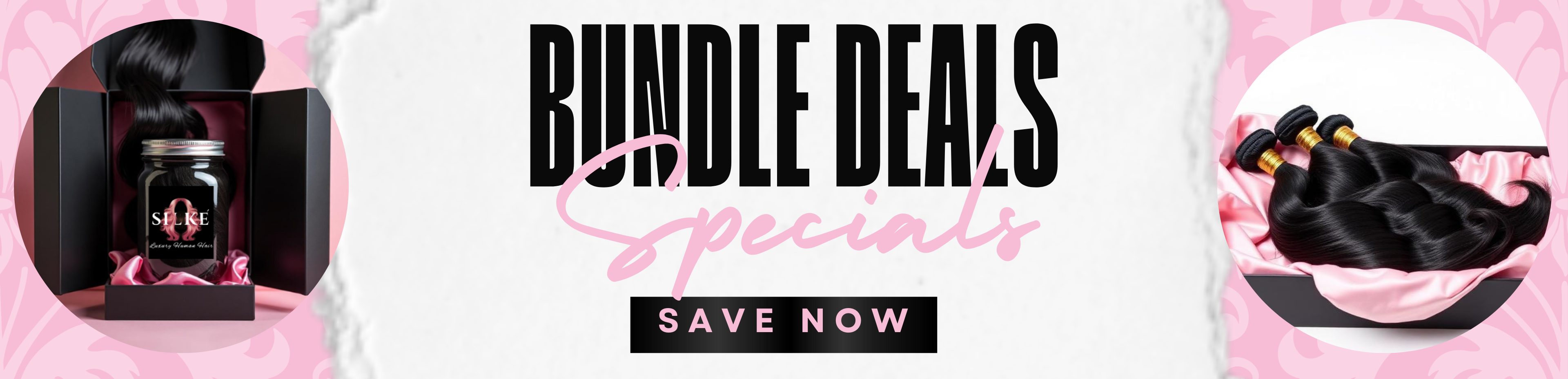 Promotional banner for bundle deals with hair products, featuring text 'Bundle Deals Specials Save Now'.