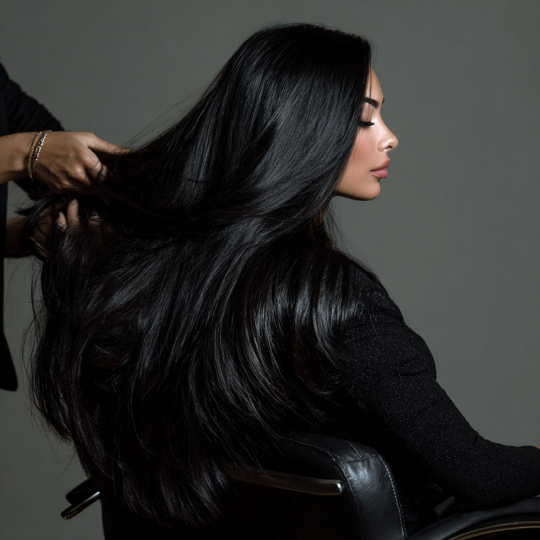 Silke hair model getting her hair styled by a professional against a gray background
